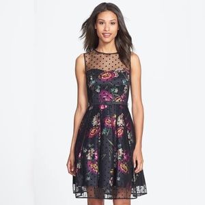 Eliza J • Polka Dot Mesh Floral Fit & Flare Dress